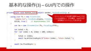 基本的な操作(3) – GUI内での操作
イベントハンドラの戻り値をTaskにする
ことは出来ない。その場合、voidだけが
非同期メソッドとして許される
 
