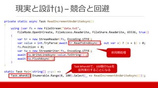 現実と設計(1) – 競合と回避
非同期処理
Task.WhenAllで、100個のTaskを
並列実行することになる
 
