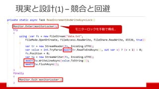 現実と設計(1) – 競合と回避
モニターロックを手動で構成…
 