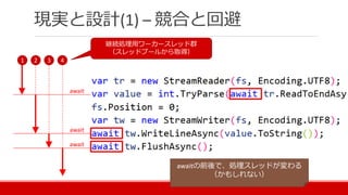 現実と設計(1) – 競合と回避
1 2 3 4
await
await
await
継続処理用ワーカースレッド群
（スレッドプールから取得）
awaitの前後で、処理スレッドが変わる
（かもしれない）
 