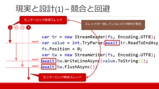 現実と設計(1) – 競合と回避
1 2 3 4
await
await
await
モニターロック取得スレッド
モニターロック解放スレッド
スレッドが一致していないので例外が発生
 