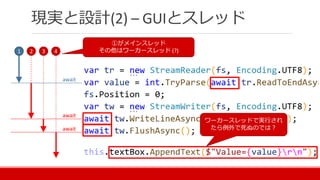 現実と設計(2) – GUIとスレッド
1 2 3 4
await
await
await
①がメインスレッド
その他はワーカースレッド (?)
ワーカースレッドで実行され
たら例外で死ぬのでは？
 