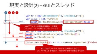 現実と設計(2) – GUIとスレッド
1 2 3 4
await
await
await
WPFデフォルトの挙動を無視し、以降は
ワーカースレッドを割り当てるようになる
もはや必ずワーカースレッドで実行されるので、
UIにアクセスする場合は、Dispatcherを使う必要があります
 