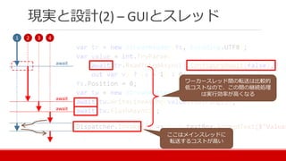 現実と設計(2) – GUIとスレッド
1 2 3 4
await
await
await
ワーカースレッド間の転送は比較的
低コストなので、この間の継続処理
は実行効率が高くなる
ここはメインスレッドに
転送するコストが高い
 