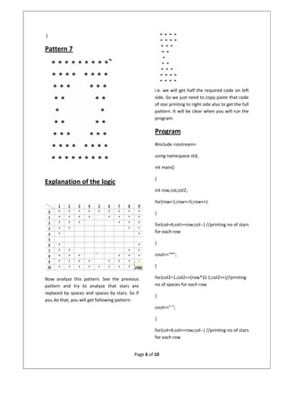 Page 6 of 10
}
Pattern 7
Explanation of the logic
Now analyze this pattern. See the previous
pattern and try to analyze that stars are
replaced by spaces and spaces by stars. So if
you do that, you will get following pattern:
i.e. we will get half the required code on left
side. So we just need to copy paste that code
of star printing to right side also to get the full
pattern. It will be clear when you will run the
program.
Program
#include <iostream>
using namespace std;
int main()
{
int row,col,col2;
for(row=1;row<=5;row++)
{
for(col=4;col>=row;col--) //printing no of stars
for each row
{
cout<<"*";
}
for(col2=1;col2<=(row*2)-1;col2++)//printing
no of spaces for each row
{
cout<<" ";
}
for(col=4;col>=row;col--) //printing no of stars
for each row
 