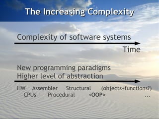 The Increasing Complexity

Complexity of software systems
                                    Time

New programming paradigms
Higher level of abstraction
HW Assembler Structural   (objects+functions?)
  CPUs  Procedural    <OOP>                ...
 