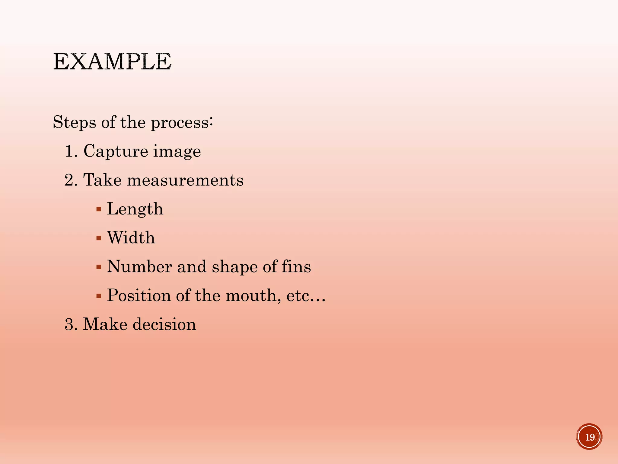 Steps of the process:
1. Capture image
2. Take measurements
 Length
 Width
 Number and shape of fins
 Position of the mouth, etc…
3. Make decision
19
 