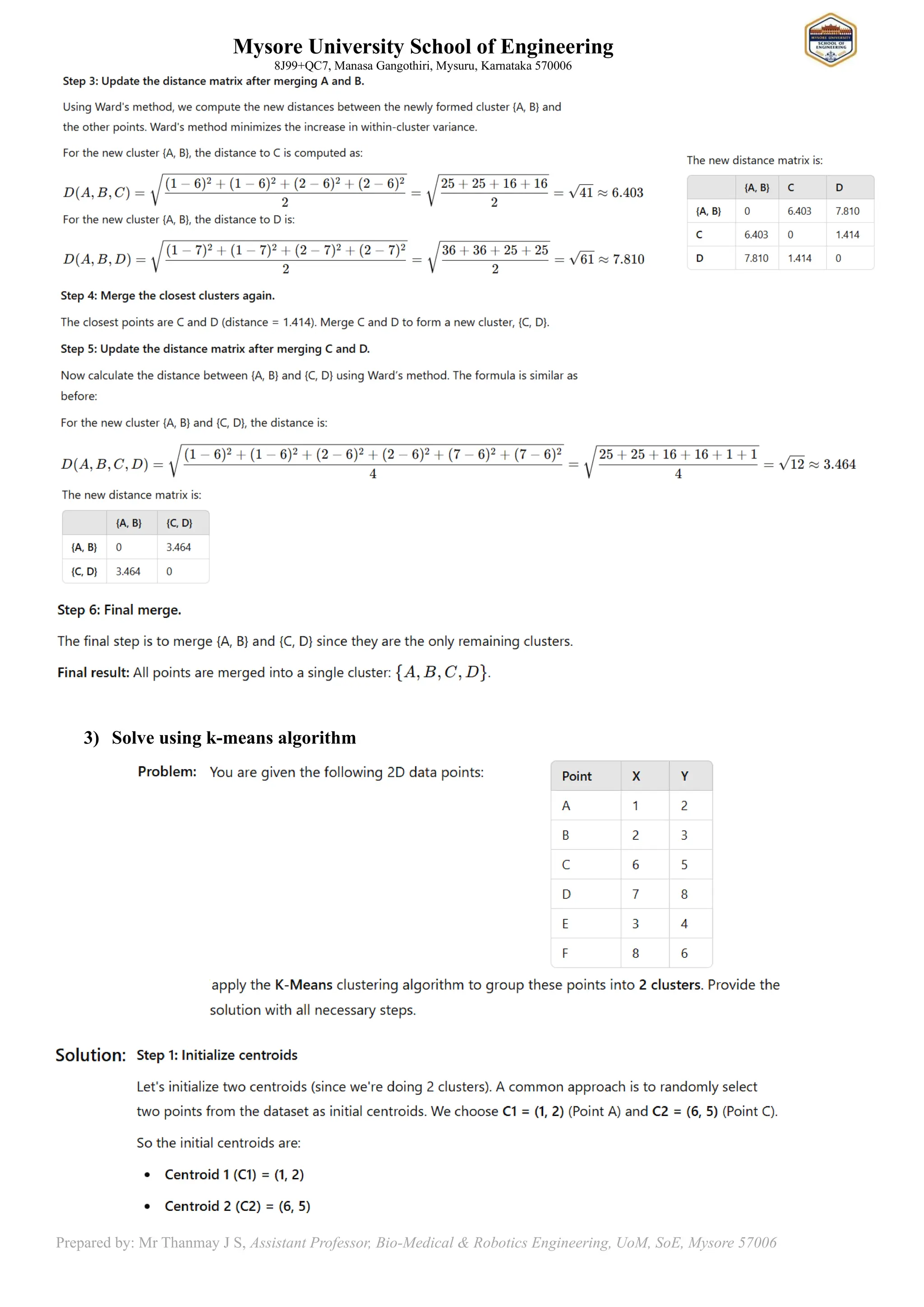 Mysore University School of Engineering
8J99+QC7, Manasa Gangothiri, Mysuru, Karnataka 570006
Prepared by: Mr Thanmay J S, Assistant Professor, Bio-Medical & Robotics Engineering, UoM, SoE, Mysore 57006
3) Solve using k-means algorithm
 