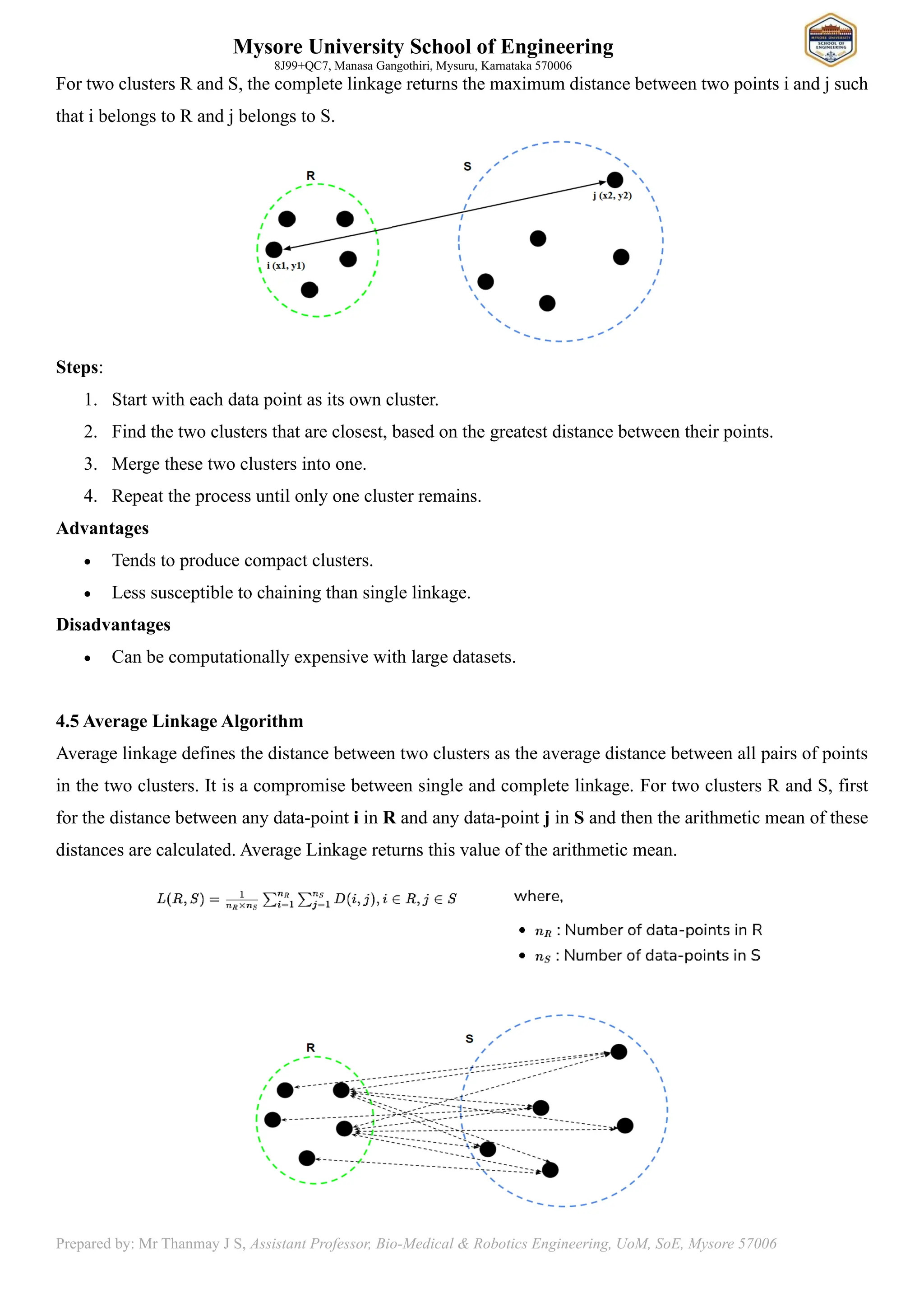 Mysore University School of Engineering
8J99+QC7, Manasa Gangothiri, Mysuru, Karnataka 570006
Prepared by: Mr Thanmay J S, Assistant Professor, Bio-Medical & Robotics Engineering, UoM, SoE, Mysore 57006
For two clusters R and S, the complete linkage returns the maximum distance between two points i and j such
that i belongs to R and j belongs to S.
Steps:
1. Start with each data point as its own cluster.
2. Find the two clusters that are closest, based on the greatest distance between their points.
3. Merge these two clusters into one.
4. Repeat the process until only one cluster remains.
Advantages
• Tends to produce compact clusters.
• Less susceptible to chaining than single linkage.
Disadvantages
• Can be computationally expensive with large datasets.
4.5 Average Linkage Algorithm
Average linkage defines the distance between two clusters as the average distance between all pairs of points
in the two clusters. It is a compromise between single and complete linkage. For two clusters R and S, first
for the distance between any data-point i in R and any data-point j in S and then the arithmetic mean of these
distances are calculated. Average Linkage returns this value of the arithmetic mean.
 