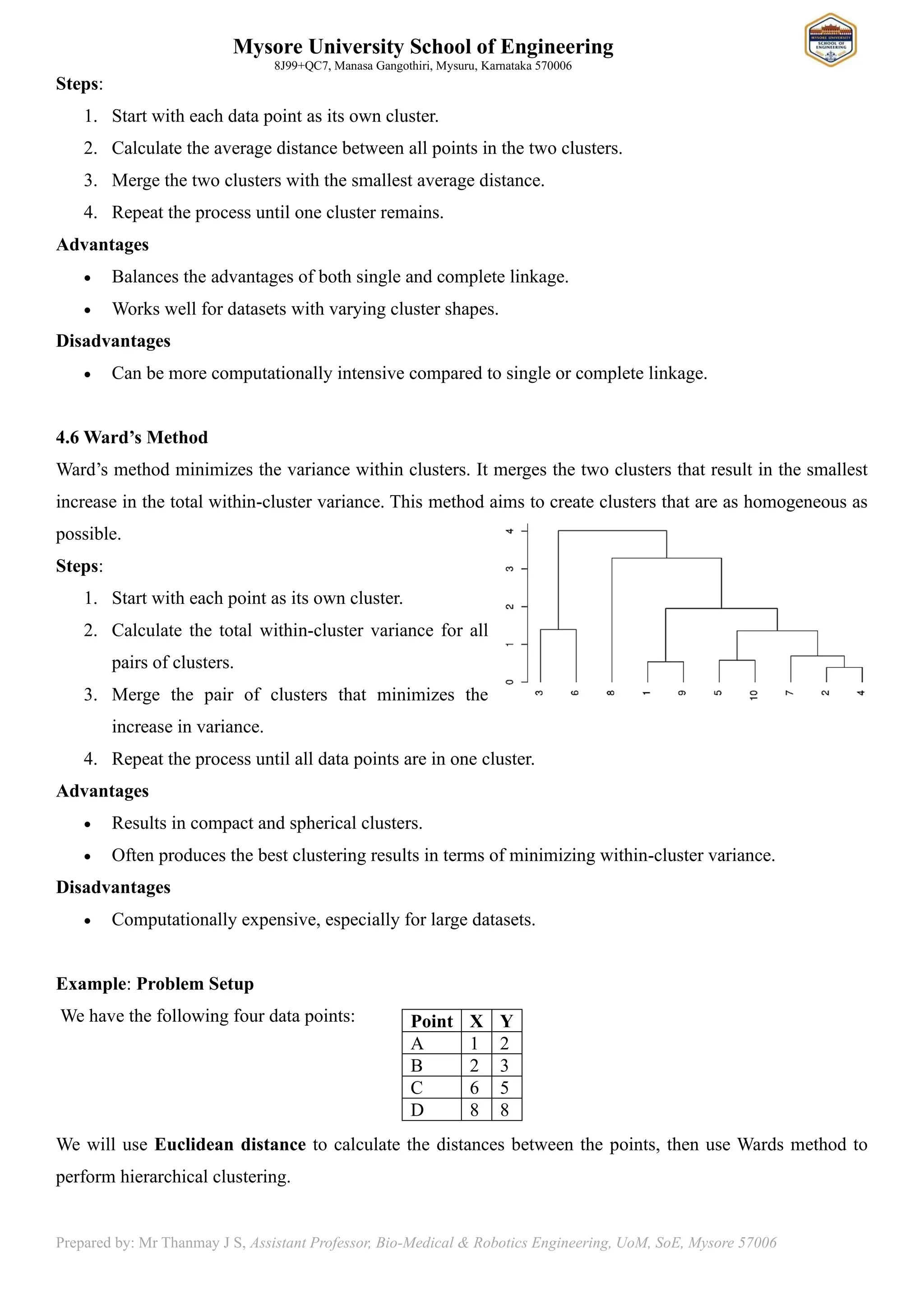 Mysore University School of Engineering
8J99+QC7, Manasa Gangothiri, Mysuru, Karnataka 570006
Prepared by: Mr Thanmay J S, Assistant Professor, Bio-Medical & Robotics Engineering, UoM, SoE, Mysore 57006
Steps:
1. Start with each data point as its own cluster.
2. Calculate the average distance between all points in the two clusters.
3. Merge the two clusters with the smallest average distance.
4. Repeat the process until one cluster remains.
Advantages
• Balances the advantages of both single and complete linkage.
• Works well for datasets with varying cluster shapes.
Disadvantages
• Can be more computationally intensive compared to single or complete linkage.
4.6 Ward’s Method
Ward’s method minimizes the variance within clusters. It merges the two clusters that result in the smallest
increase in the total within-cluster variance. This method aims to create clusters that are as homogeneous as
possible.
Steps:
1. Start with each point as its own cluster.
2. Calculate the total within-cluster variance for all
pairs of clusters.
3. Merge the pair of clusters that minimizes the
increase in variance.
4. Repeat the process until all data points are in one cluster.
Advantages
• Results in compact and spherical clusters.
• Often produces the best clustering results in terms of minimizing within-cluster variance.
Disadvantages
• Computationally expensive, especially for large datasets.
Example: Problem Setup
We have the following four data points:
We will use Euclidean distance to calculate the distances between the points, then use Wards method to
perform hierarchical clustering.
Point X Y
A 1 2
B 2 3
C 6 5
D 8 8
 