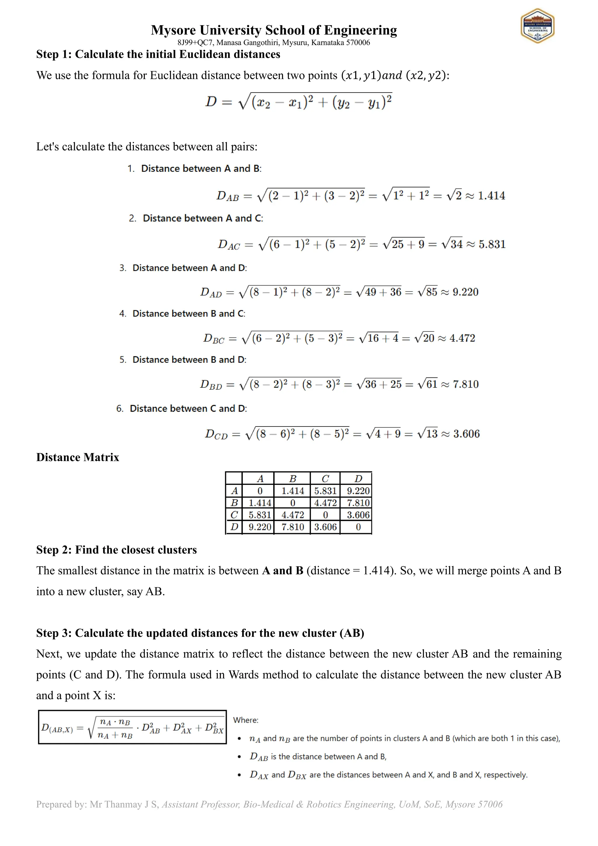 Mysore University School of Engineering
8J99+QC7, Manasa Gangothiri, Mysuru, Karnataka 570006
Prepared by: Mr Thanmay J S, Assistant Professor, Bio-Medical & Robotics Engineering, UoM, SoE, Mysore 57006
Step 1: Calculate the initial Euclidean distances
We use the formula for Euclidean distance between two points (𝑥1, 𝑦1)𝑎𝑛𝑑 (𝑥2, 𝑦2):
Let's calculate the distances between all pairs:
Distance Matrix
Step 2: Find the closest clusters
The smallest distance in the matrix is between A and B (distance = 1.414). So, we will merge points A and B
into a new cluster, say AB.
Step 3: Calculate the updated distances for the new cluster (AB)
Next, we update the distance matrix to reflect the distance between the new cluster AB and the remaining
points (C and D). The formula used in Wards method to calculate the distance between the new cluster AB
and a point X is:
 