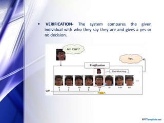  VERIFICATION- The system compares the given
individual with who they say they are and gives a yes or
no decision.
 