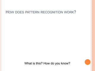 HOW DOES PATTERN RECOGNITION WORK?




         What is this? How do you know?
 