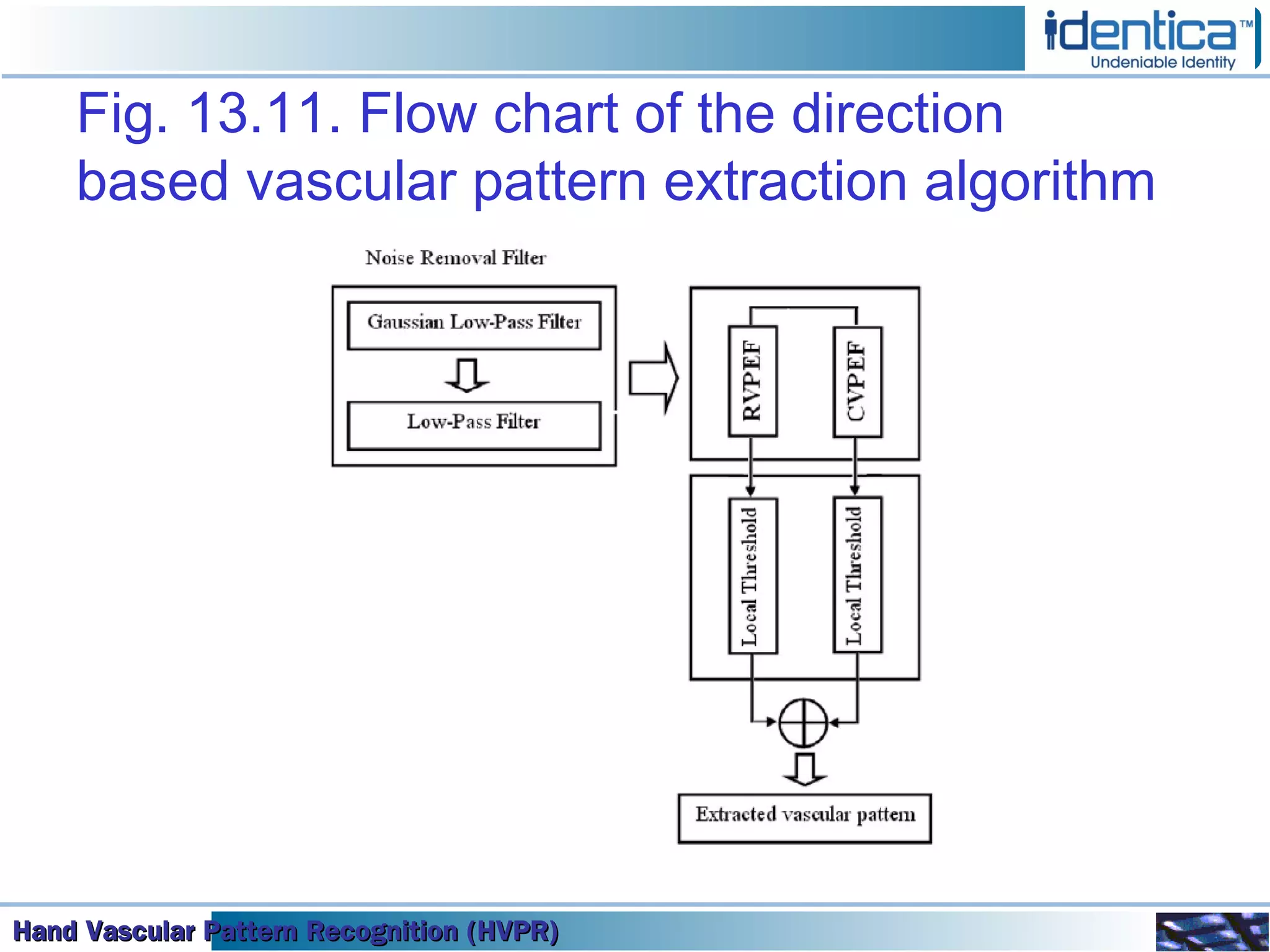 Hand Vascular Pattern Recognition (HVPR)Hand Vascular Pattern Recognition (HVPR)Hand Vascular Pattern Recognition (HVPR)Hand Vascular Pattern Recognition (HVPR)
Fig. 13.11. Flow chart of the direction
based vascular pattern extraction algorithm
 