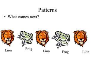 Patterns What comes next? Lion Frog Lion Frog Lion 