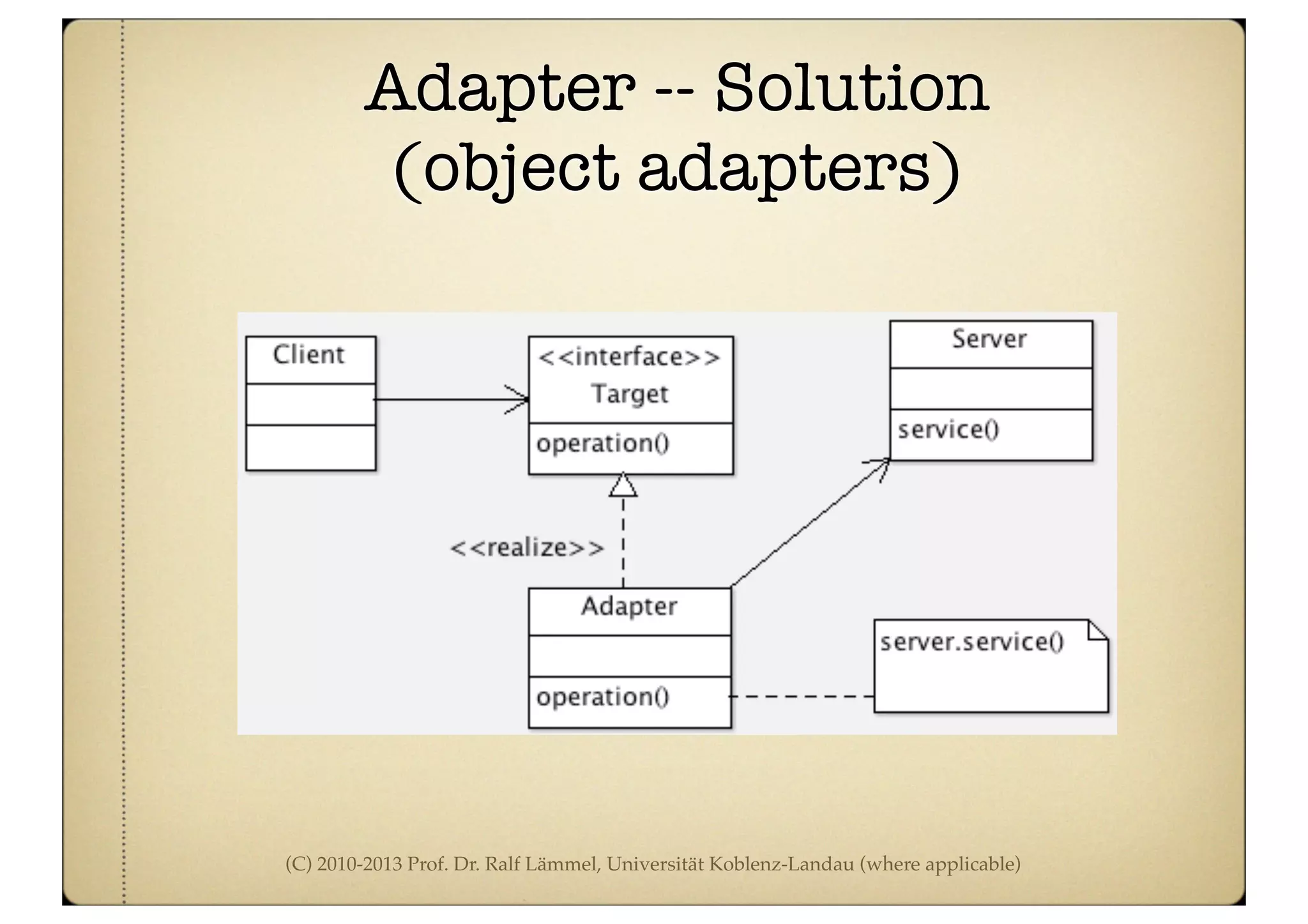 (C) 2010-2013 Prof. Dr. Ralf Lämmel, Universität Koblenz-Landau (where applicable)
Adapter -- Solution
(object adapters)
 
