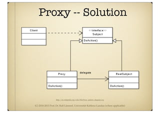 (C) 2010-2013 Prof. Dr. Ralf Lämmel, Universität Koblenz-Landau (where applicable)
Proxy -- Solution
http://en.wikipedia.org/wiki/File:Proxy_pattern_diagram.svg
 