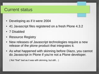 Current status
● New releases of Javascript technologies require a new
release of the plone product that integrates it.
● As what happened with skinning before Diazo, you cannot
do Javascript in Plone if you're not a Plone developer.
( Not *that* bad as it was with skinning, but still... )
● Developing as if it were 2004
● 41 Javascript files registered on a fresh Plone 4.3.2
● 7 Disabled
● Resource Registry
 