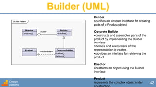 Design
patterns
42
Builder
specifies an abstract interface for creating
parts of a Product object
Concrete Builder
constructs and assembles parts of the
product by implementing the Builder
interface
defines and keeps track of the
representation it creates
provides an interface for retrieving the
product
Director
constructs an object using the Builder
interface
Product
represents the complex object under
construction.
Builder (UML)
 