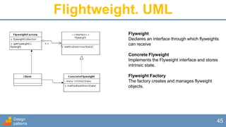 Flightweight. UML
Design
patterns
45
Flyweight
Declares an interface through which flyweights
can receive
Concrete Flyweight
Implements the Flyweight interface and stores
intrinsic state.
Flyweight Factory
The factory creates and manages flyweight
objects.
 