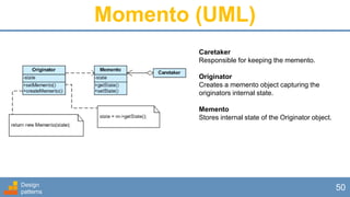 Design
patterns
50
Caretaker
Responsible for keeping the memento.
Originator
Creates a memento object capturing the
originators internal state.
Memento
Stores internal state of the Originator object.
Momento (UML)
 