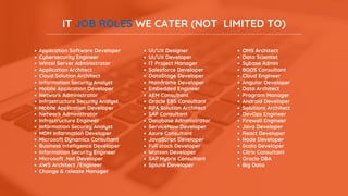 Application Software Developer
Cybersecurity Engineer
Wintel Server Administrator
Application Architect
Cloud Solution Architect
Information Security Analyst
Mobile Application Developer
Network Administrator
Infrastructure Security Analyst
Mobile Application Developer
Network Administrator
Infrastructure Engineer
Information Security Analyst
MDM Information Developer
Microsoft Dynamics Consultant
Business Intelligence Developer
Information Security Engineer
Microsoft .Net Developer
AWS Architect /Engineer
Change & release Manager
OMS Architect
Data Scientist
Sybase Admin
BODS Consultant
Cloud Engineer
Angular Developer
Data Architect
Program Manager
Android Developer
Solutions Architect
DevOps Engineer
Firewall Engineer
Java Developer
React Developer
Node Developer
Scala Developer
Citrix Consultant
Oracle DBA
Big Data
UI/UX Designer
UI/UX Developer
IT Project Manager
Salesforce Developer
DataStage Developer
Mainframe Developer
Embedded Engineer
AEM Consultant
Oracle EBS Consultant
RPA Solution Architect
SAP Consultant
Database Administrator
ServiceNow Developer
Azure Consultant
JavaScript Developer
Full stack Developer
Watson Developer
SAP Hybris Consultant
Splunk Developer
IT JOB ROLES WE CATER (NOT LIMITED TO)
 