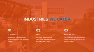 INDUSTRIES WE CATER
IT SERVICES
Information Technology has
strong dominance over economic
growth.
01
BFSI
The blend of Finance and
Technology has taken over the
world with every hand.
02
HEALTHCARE
The healthcare field is now a day
(After 2020) on its urge to be the
fastest-growing.
03
 