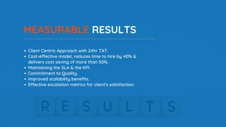 Client Centric Approach with 24hr TAT.
Cost-effective model, reduces time to hire by 40% &
delivers cost saving of more than 50%.
Maintaining the SLA & the KPI.
Commitment to Quality.
Improved scalability benefits.
Effective escalation metrics for client's satisfaction.
MEASURABLE RESULTS
 