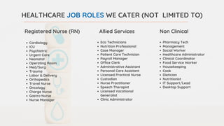 HEALTHCARE JOB ROLES WE CATER (NOT LIMITED TO)
Registered Nurse (RN)
Cardiology
ICU
Psychiatric
Urgent Care
Neonatal
Operating Room
Med/Surg
Trauma
Labor & Delivery
Orthopedics
Travel Nurse
Oncology
Charge Nurse
Gastro Nurse
Nurse Manager
Allied Services Non Clinical
Eco Technicians
Nutrition Professional
Case Manager
Patient Care Technician
Payroll Manager
Office Clerk
Administrative Assistant
Personal Care Assistant
Licensed Practical Nurse
Custodian
Nurse Practitioner
Speech Therapist
Licensed Vocational
Generalist
Clinic Administrator
Pharmacy Tech
Management
Social Worker
Healthcare Administrator
Clinical Coordinator
Food Service Worker
Housekeeping
Cook
Dietician
Nutritionist
IT Support/Lead
Desktop Support
 