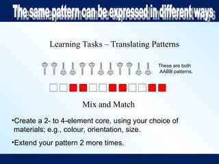 Learning Tasks – Translating Patterns
Mix and Match
•Create a 2- to 4-element core, using your choice of
materials; e.g., colour, orientation, size.
•Extend your pattern 2 more times.
These are both
AABB patterns.
 