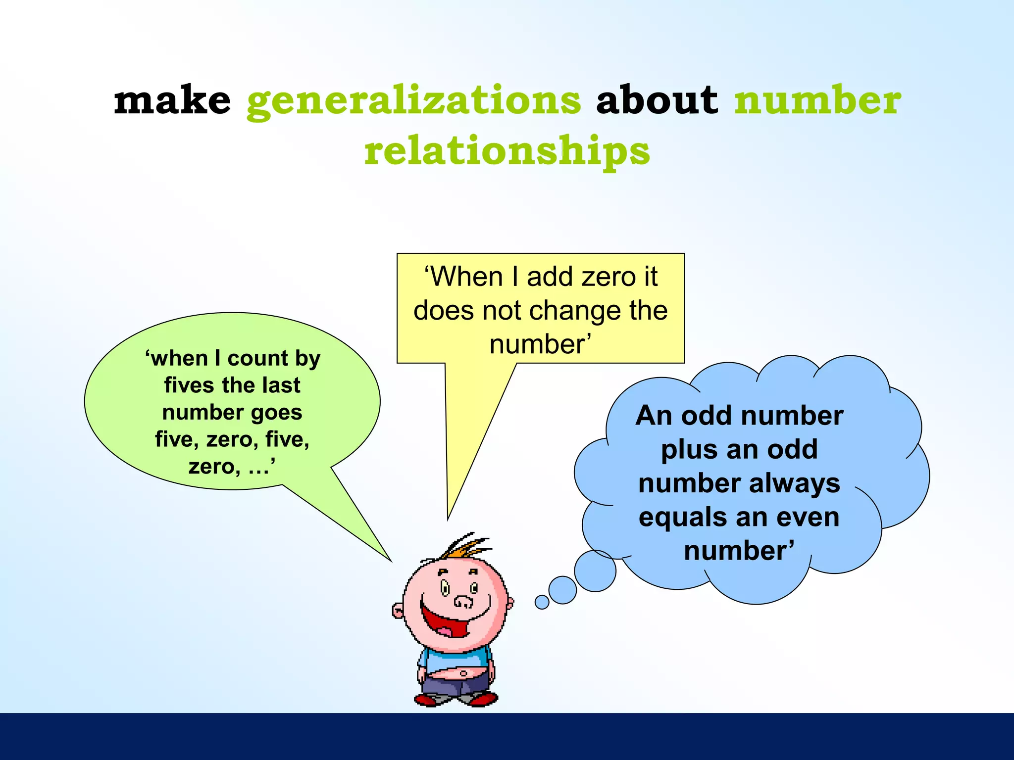 make generalizations about number
relationships
‘When I add zero it
does not change the
number’‘when I count by
fives the last
number goes
five, zero, five,
zero, …’
An odd number
plus an odd
number always
equals an even
number’
 