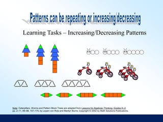 Learning Tasks – Increasing/Decreasing Patterns
Note: Caterpillars, Worms and Pattern Block Trees are adapted from Lessons for Algebraic Thinking: Grades K–2,
pp. 2–11, 89–98, 157–170, by Leyani von Rotz and Marilyn Burns. Copyright © 2002 by Math Solutions Publications.
 