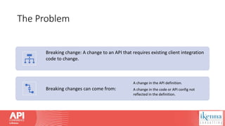 The Problem
Breaking change: A change to an API that requires existing client integration
code to change.
Breaking changes can come from:
A change in the API definition.
A change in the code or API config not
reflected in the definition.
 