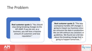 The Problem
Real customer quote 1: "You should
stop doing breaking changes to the
API ASAP. If you do not, as a
business, you will lose a massive
amount of customers and lose
reputation.”
Real customer quote 2: "The way
[company] handles API changes is
going to impact our business since
we consume the data in production.
We are left without any solutions or
guidelines. We found out a bit late
about the breaking change that is
going to happen tomorrow..."
 