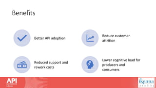 Benefits
Better API adoption
Reduce customer
attrition
Reduced support and
rework costs
Lower cognitive load for
producers and
consumers
 