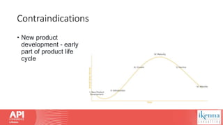Contraindications
• New product
development - early
part of product life
cycle
 