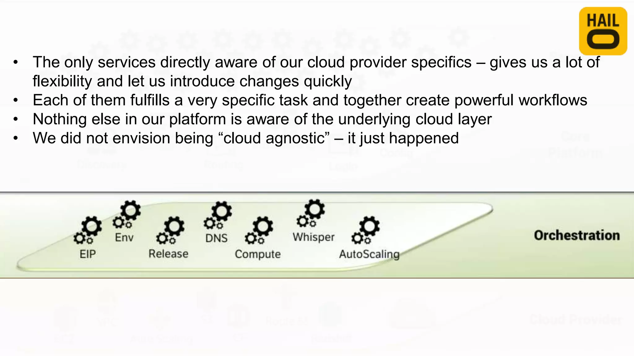 • The only services directly aware of our cloud provider specifics – gives us a lot of
flexibility and let us introduce changes quickly
• Each of them fulfills a very specific task and together create powerful workflows
• Nothing else in our platform is aware of the underlying cloud layer
• We did not envision being “cloud agnostic” – it just happened
 