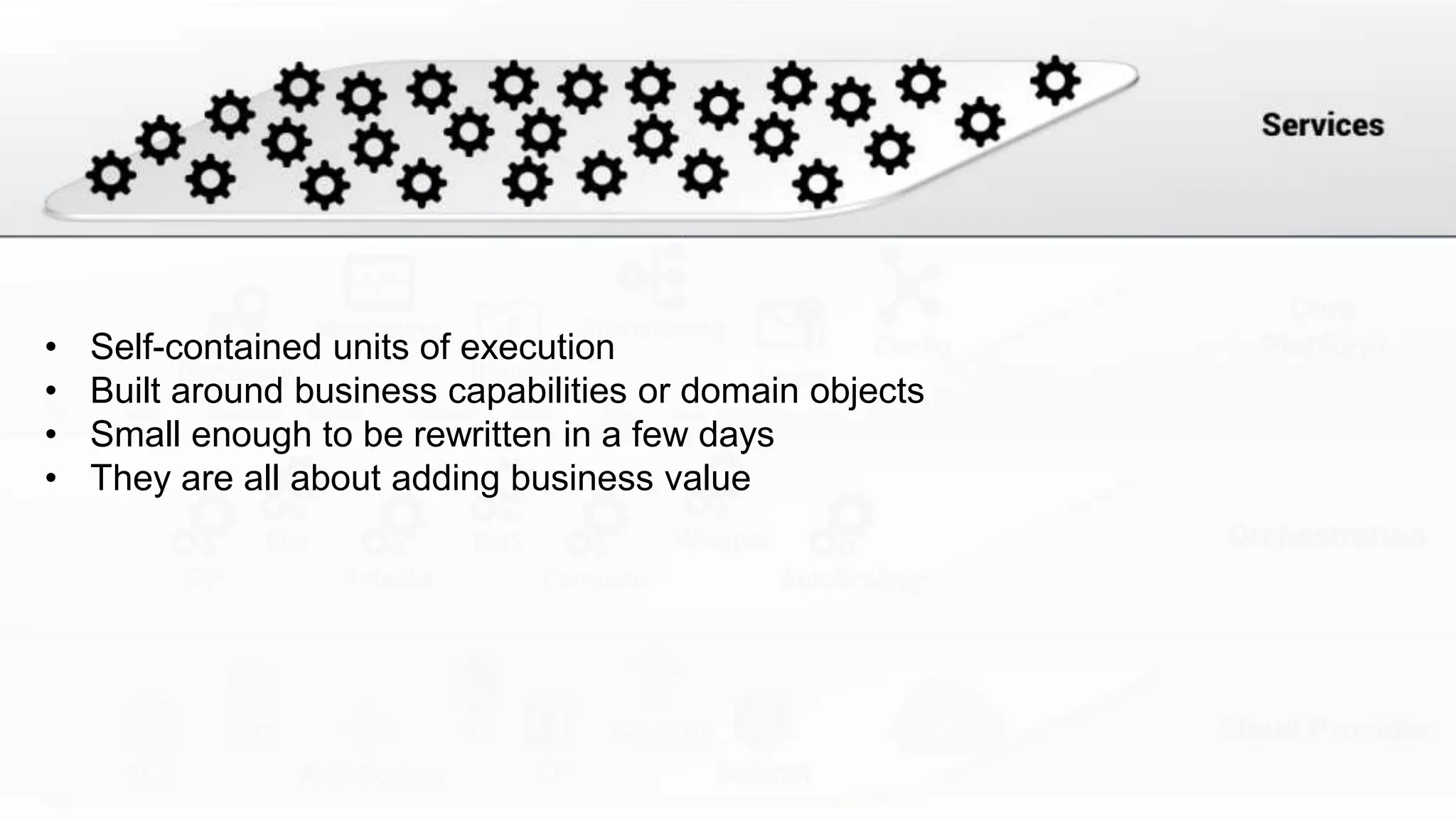 • Self-contained units of execution
• Built around business capabilities or domain objects
• Small enough to be rewritten in a few days
• They are all about adding business value
 