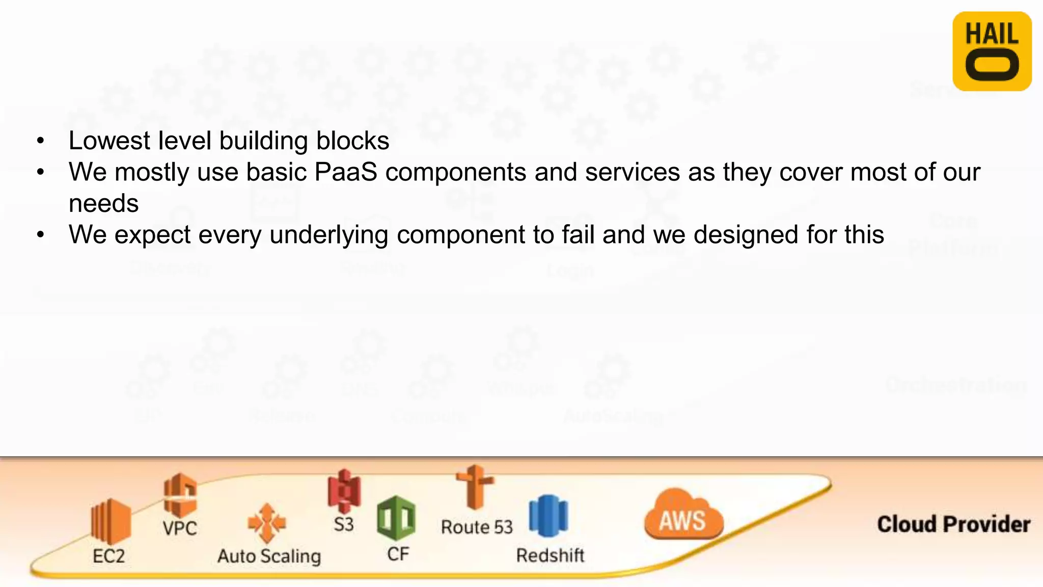 • Lowest level building blocks
• We mostly use basic PaaS components and services as they cover most of our
needs
• We expect every underlying component to fail and we designed for this
 
