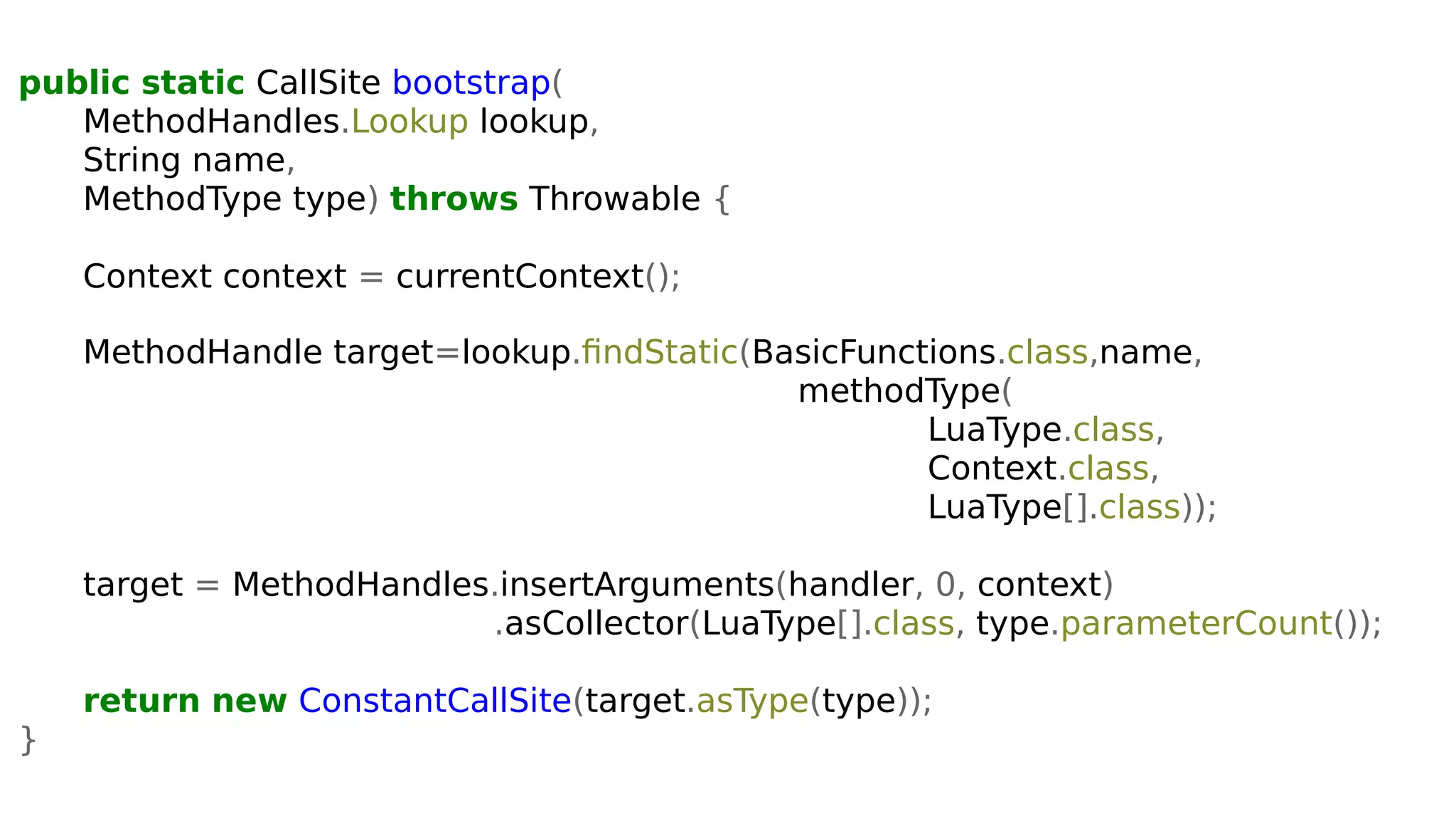 public static CallSite bootstrap(
MethodHandles.Lookup lookup,
String name,
MethodType type) throws Throwable {
Context context = currentContext();
MethodHandle target=lookup.findStatic(BasicFunctions.class,name,
methodType(
LuaType.class,
Context.class,
LuaType[].class));
target = MethodHandles.insertArguments(handler, 0, context)
.asCollector(LuaType[].class, type.parameterCount());
return new ConstantCallSite(target.asType(type));
}
 