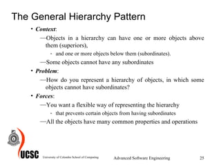 The General Hierarchy  Pattern Context :  Objects in a hierarchy can have one or more objects above them (superiors),  and one or more objects below them (subordinates).  Some objects cannot have any subordinates  Problem :  How do you represent a hierarchy of objects, in which some objects cannot have subordinates?  Forces :  You want a flexible way of representing the hierarchy  that prevents certain objects from having subordinates All the objects have many common properties and operations   University of Colombo School of Computing Advanced Software Engineering 
