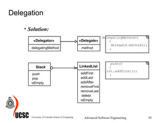 Delegation Solution: University of Colombo School of Computing Advanced Software Engineering delegate.method();  « Delegate » « Delegator » delegatingMethod()  {  }  delegatingMethod method LinkedList addFirst addLast addAfter removeFirst removeLast delete isEmpty Stack push pop isEmpty push() {  list.addFirst(); }  