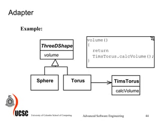 Adapter Example: University of Colombo School of Computing Advanced Software Engineering TimsTorus calcVolume ThreeDShape volume Sphere Torus volume() return  TimsTorus.calcVolume(); {  }  
