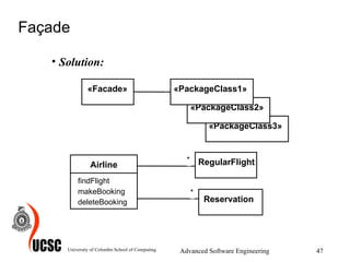 Façade Solution: University of Colombo School of Computing Advanced Software Engineering «PackageClass3» «PackageClass2» «PackageClass1» * * * * * * RegularFlight * * * * * * Reservation Airline findFlight makeBooking deleteBooking «Facade» 