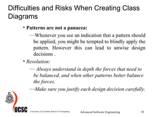 Difficulties and Risks When Creating Class Diagrams  Patterns are not a panacea :   Whenever you see an indication that a pattern should be applied, you might be tempted to blindly apply the pattern. However this can lead to unwise design decisions  .  Resolution: Always understand in depth the forces that need to be balanced, and when other patterns better balance the forces.  Make sure you justify each design decision carefully. University of Colombo School of Computing Advanced Software Engineering 