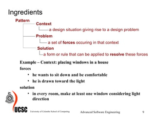 Ingredients  Example – Context: placing windows in a house forces he wants to sit down and be comfortable he is drawn toward the light solution in every room, make at least one window considering light direction University of Colombo School of Computing Advanced Software Engineering 