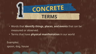 • Words that identify things, places, and events that can be
measured or observed.
• Terms that have physical manifestation in our world
Examples:
spoon, dog, house
CONCRETE
TERMS
 