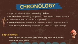 CHRONOLOGY
Signal words:
• organizes ideas or events according to time
• explains how something happened, how it works or how it is made.
• can be in the form of narration or process
• narration sequences events in the order in which they occurred in
time, while a process organizes details based on stages or steps
first, second, finally, then, soon, eventually, next, after, in the
meantime, afterwards
 