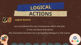 ACTIONS
Logical Actions
are considered the very movements within the plot
or the narrative that drives
the characters forward, be it during the dialogue or the scene .
LOGICAL
 