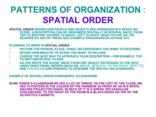 PATTERNS OF ORGANIZATION  : SPATIAL ORDER ,[object Object],[object Object],[object Object],[object Object],[object Object],[object Object],[object Object],[object Object]